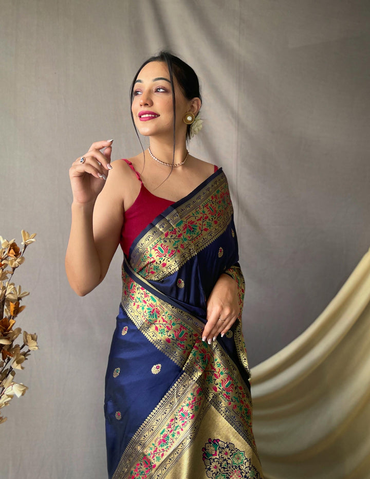 Navy Blue Paithani Soft Silk Saree - PAHRAVA