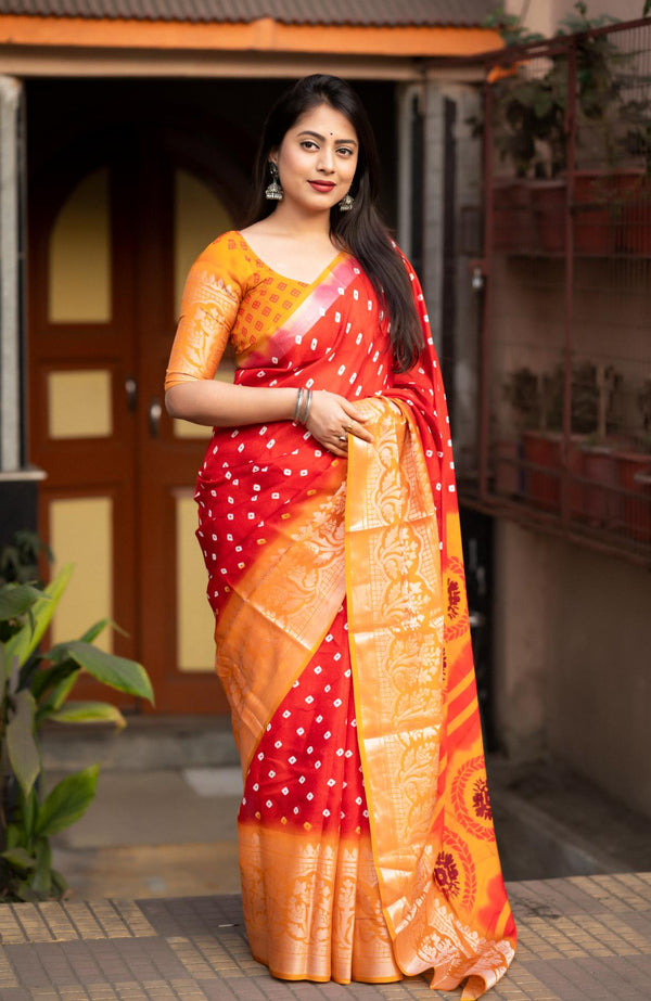 Bright Red Soft Jute Silk Saree.