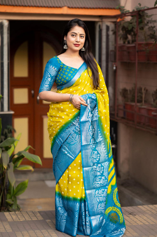 Yellow With Blue Soft Jute Silk Saree.