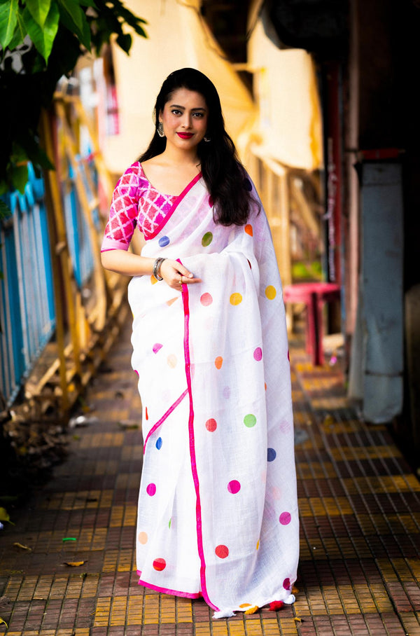 White With Pink Soft Linen Polka Dot Saree.