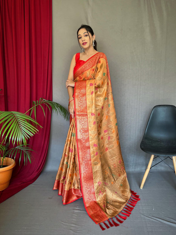 Sunrise orange pure tussel silk saree with zari and meena work - PAHRAVA