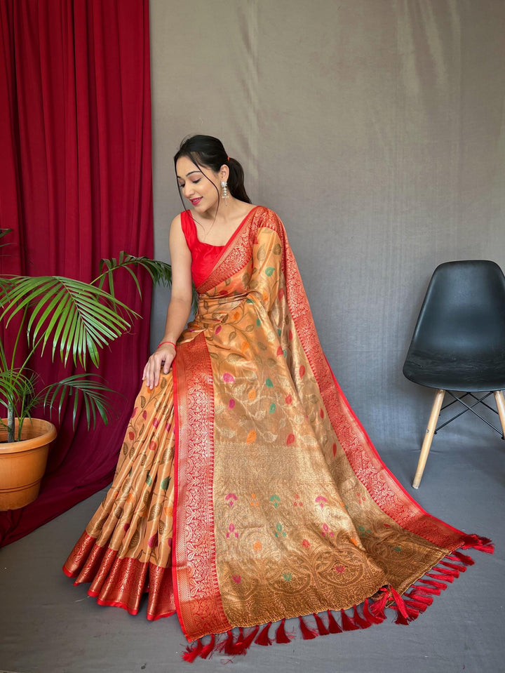 Sunrise orange pure tussel silk saree with zari and meena work - PAHRAVA