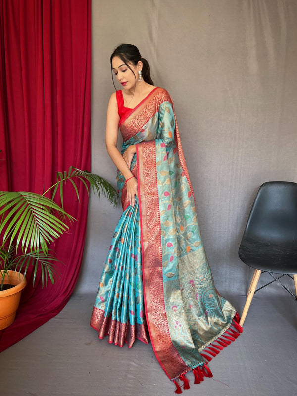 Sky blue pure tussel silk saree with zari and meena work - PAHRAVA