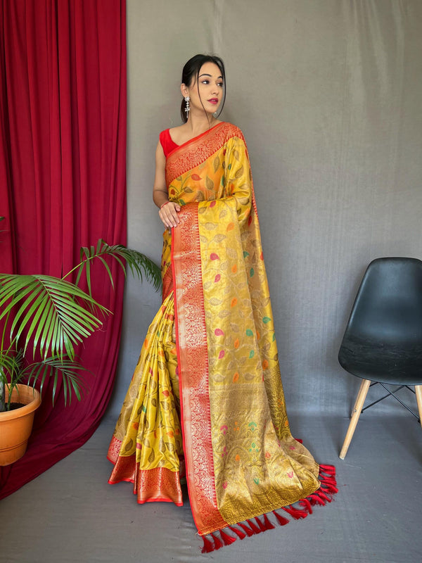 Bright yellow pure tussel silk saree with zari and meena work - PAHRAVA