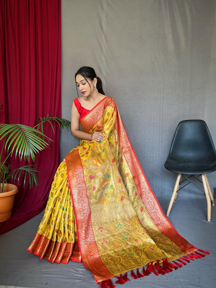 Bright yellow pure tussel silk saree with zari and meena work - PAHRAVA