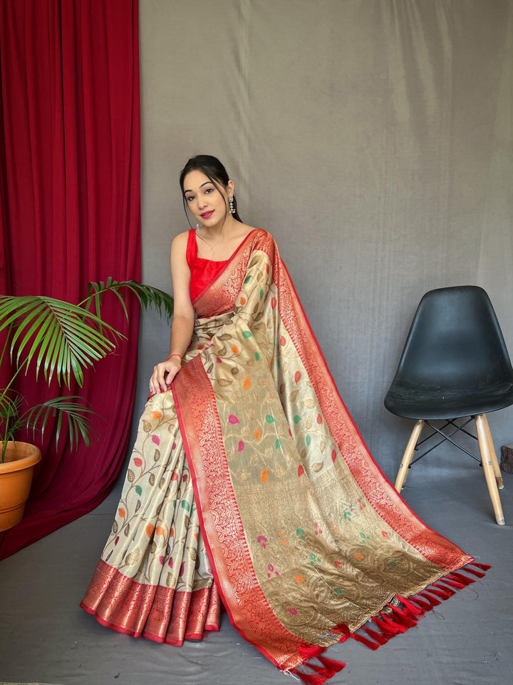 Caramel cream pure tussel silk saree with zari and meena work - PAHRAVA