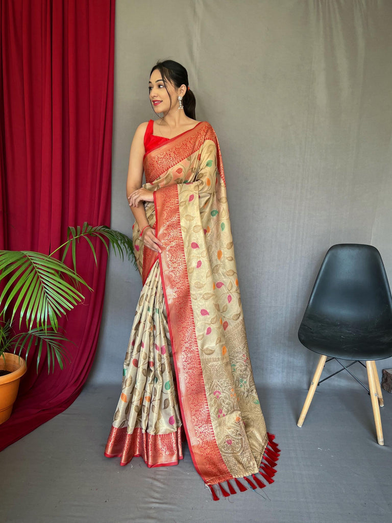 Caramel cream pure tussel silk saree with zari and meena work - PAHRAVA