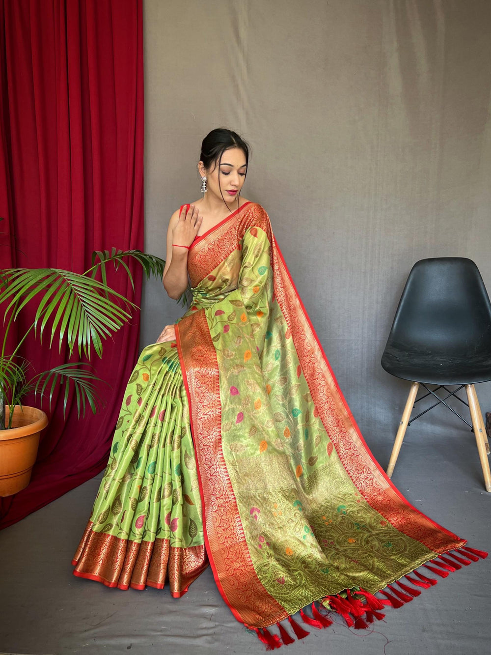 Light green pure tussel silk saree with zari and meena work - PAHRAVA