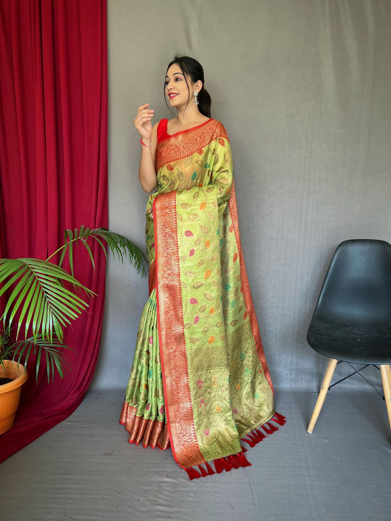 Light green pure tussel silk saree with zari and meena work - PAHRAVA