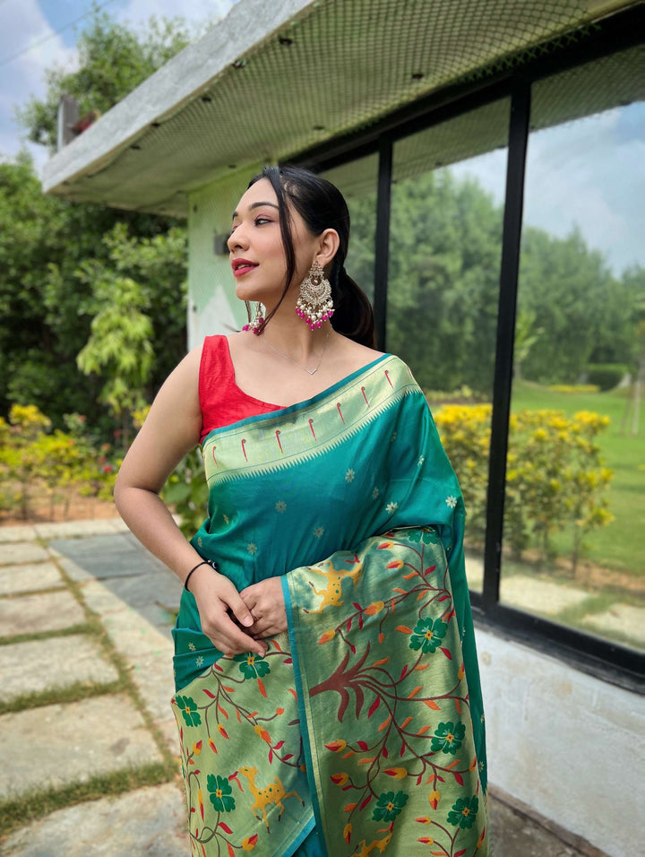 Teal Blue Paithani Silk Saree - PAHRAVA