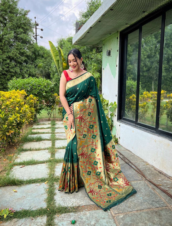 Dark Green Paithani Silk Saree - PAHRAVA