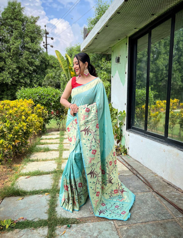 Sky Blue Paithani Silk Saree - PAHRAVA