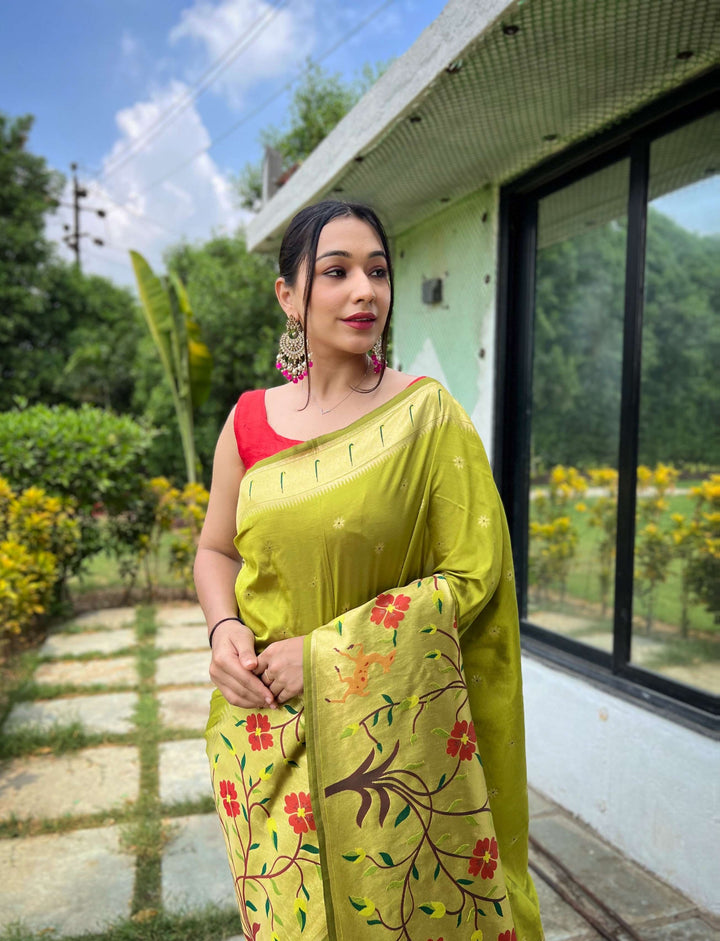 Mahendi Green Paithani Silk Saree - PAHRAVA