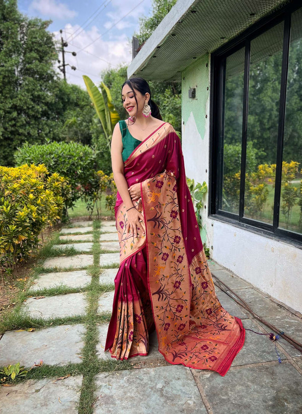 Magenta Maroon Paithani Silk Saree - PAHRAVA