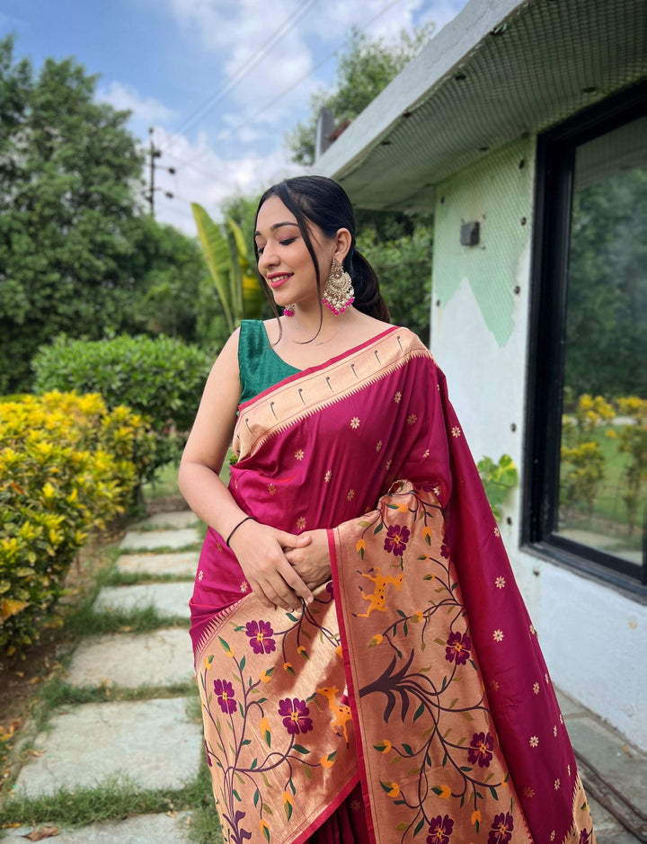 Magenta Maroon Paithani Silk Saree - PAHRAVA