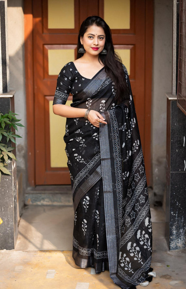 Bold Black Soft linen saree.