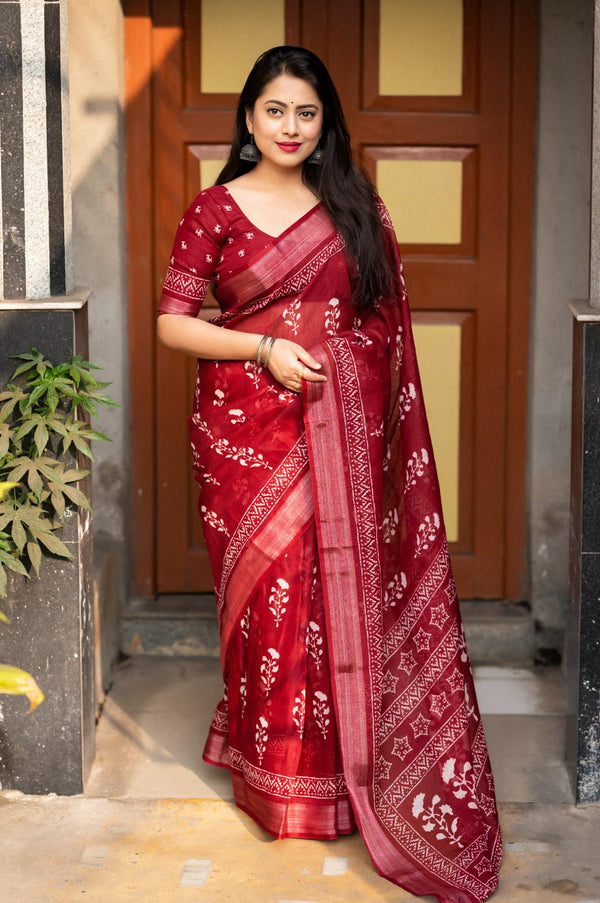 Traditional Red Soft linen saree.