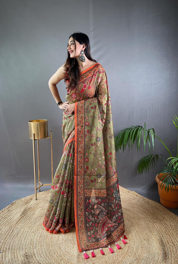 Soft Green Pure Malai Cotton Saree - PAHRAVA