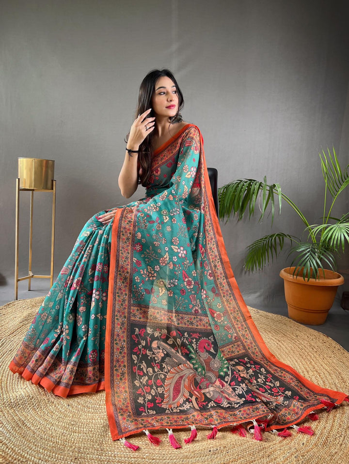 Teal Blue Pure Malai Cotton Saree - PAHRAVA