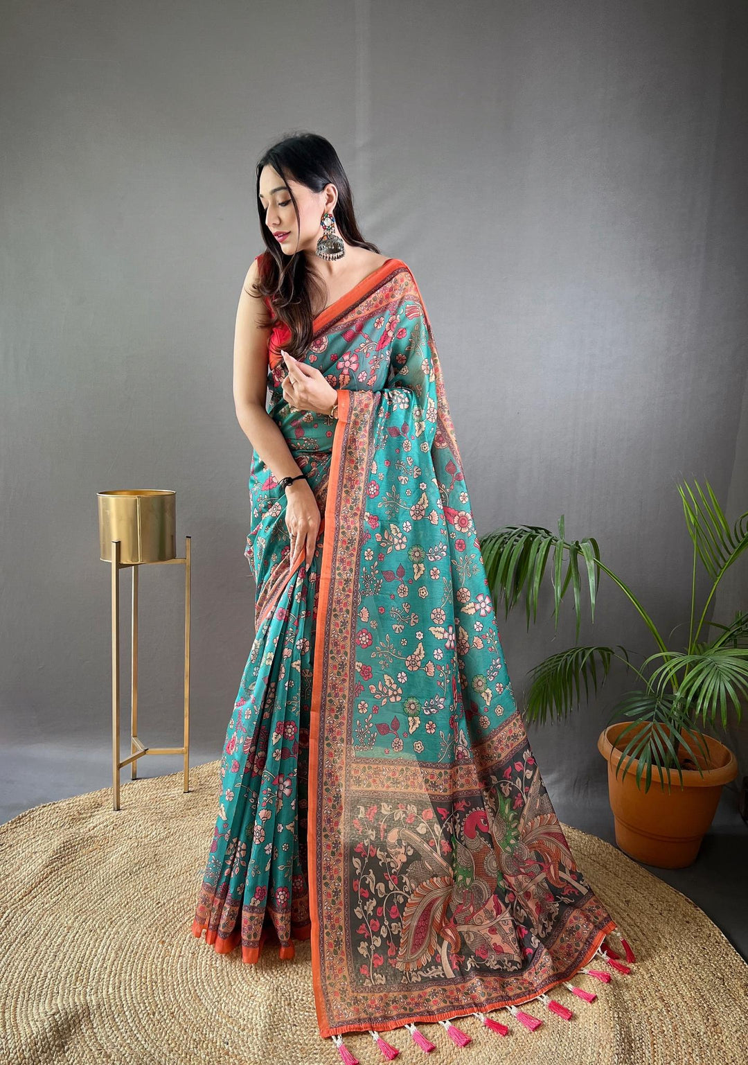 Teal Blue Pure Malai Cotton Saree - PAHRAVA