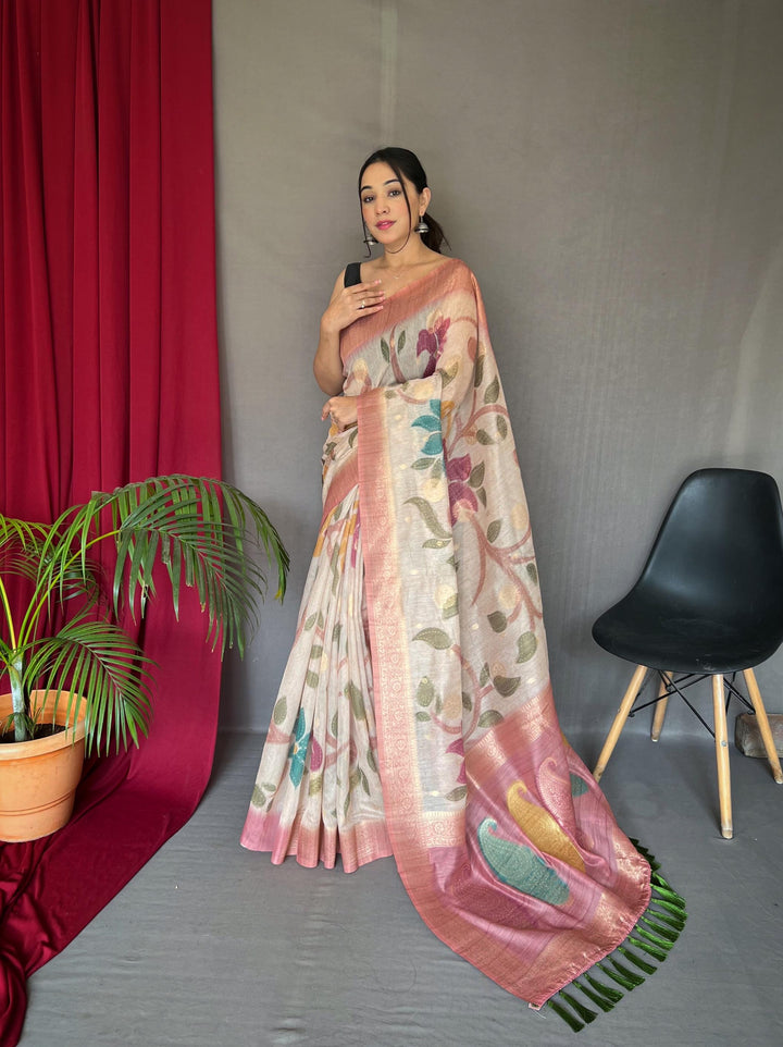 Off White With Pink Border 3D Digital Print Saree with Golden Zari Accents - PAHRAVA