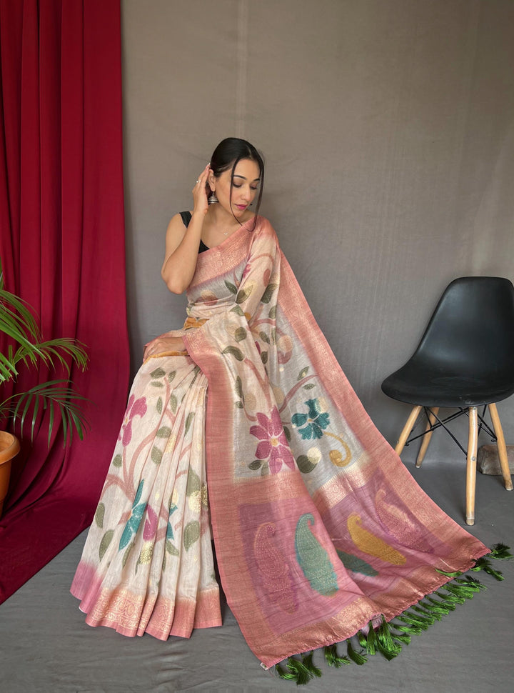 Off White With Pink Border 3D Digital Print Saree with Golden Zari Accents - PAHRAVA