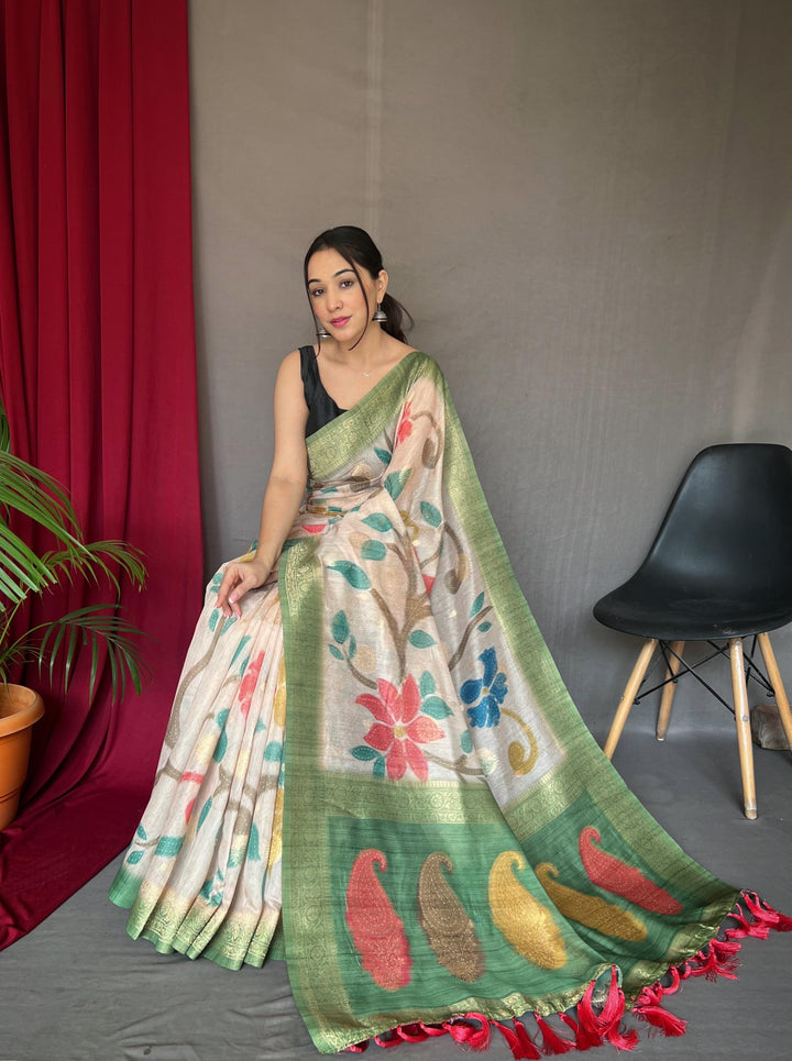 Off White With Green Border 3D Digital Print Saree with Golden Zari Accents - PAHRAVA