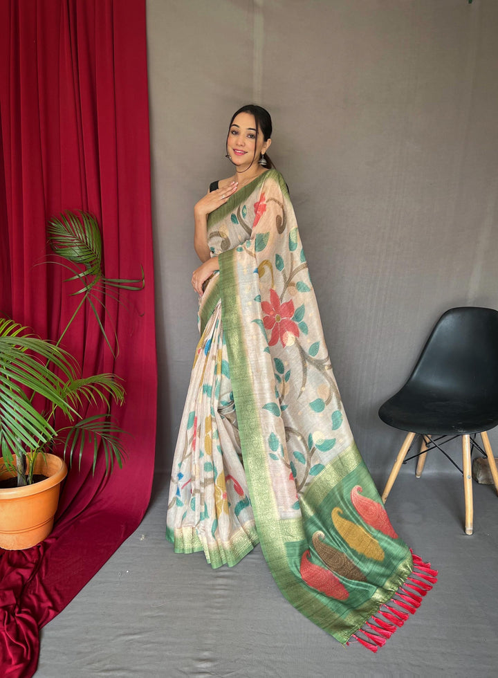 Off White With Green Border 3D Digital Print Saree with Golden Zari Accents - PAHRAVA