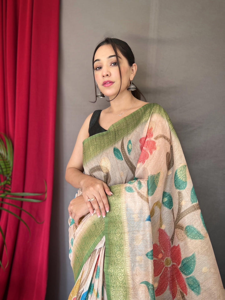 Off White With Green Border 3D Digital Print Saree with Golden Zari Accents - PAHRAVA