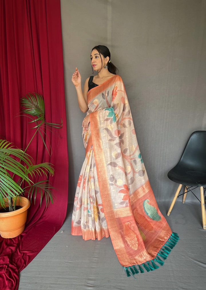 Off White With Peach Border 3D Digital Print Saree with Golden Zari Accents - PAHRAVA