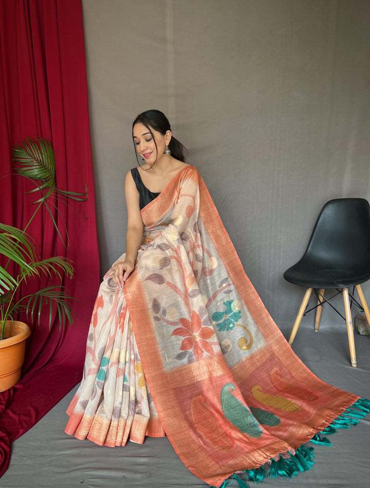 Off White With Peach Border 3D Digital Print Saree with Golden Zari Accents - PAHRAVA