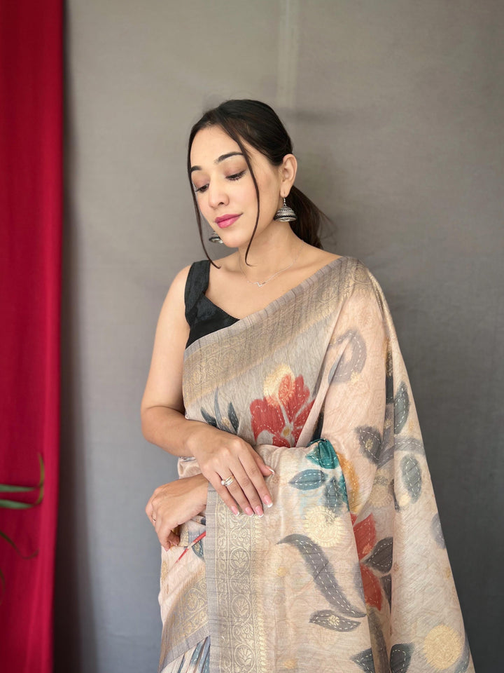 Off White With Grey Border 3D Digital Print Saree with Golden Zari Accents - PAHRAVA