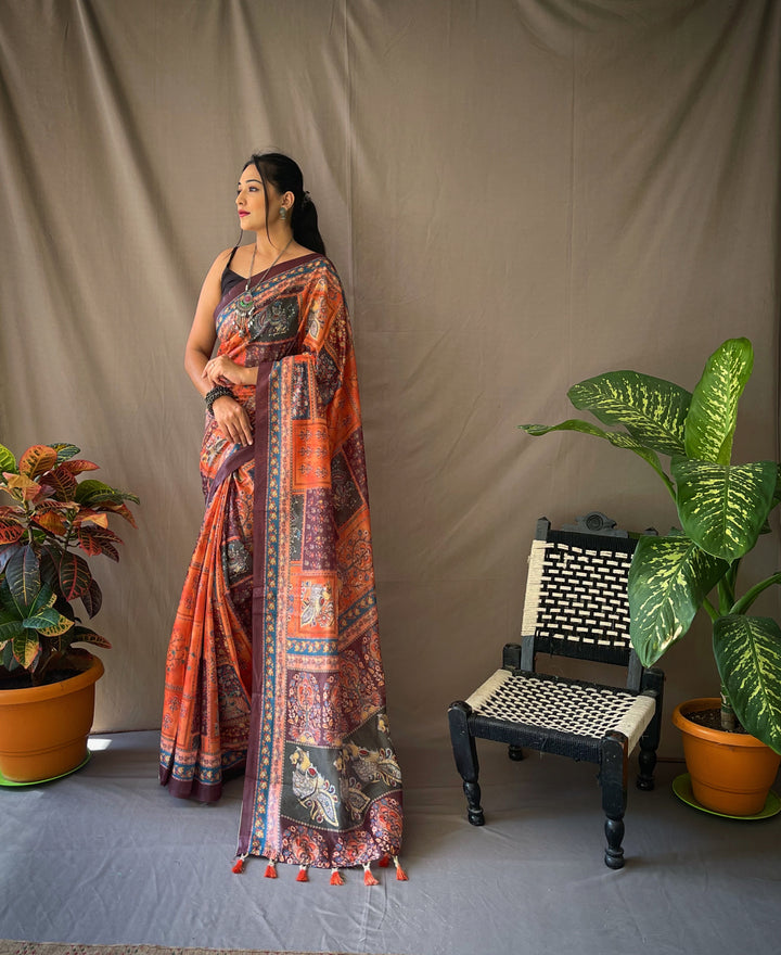 Classy Orange Kalamkari cotton saree - PAHRAVA