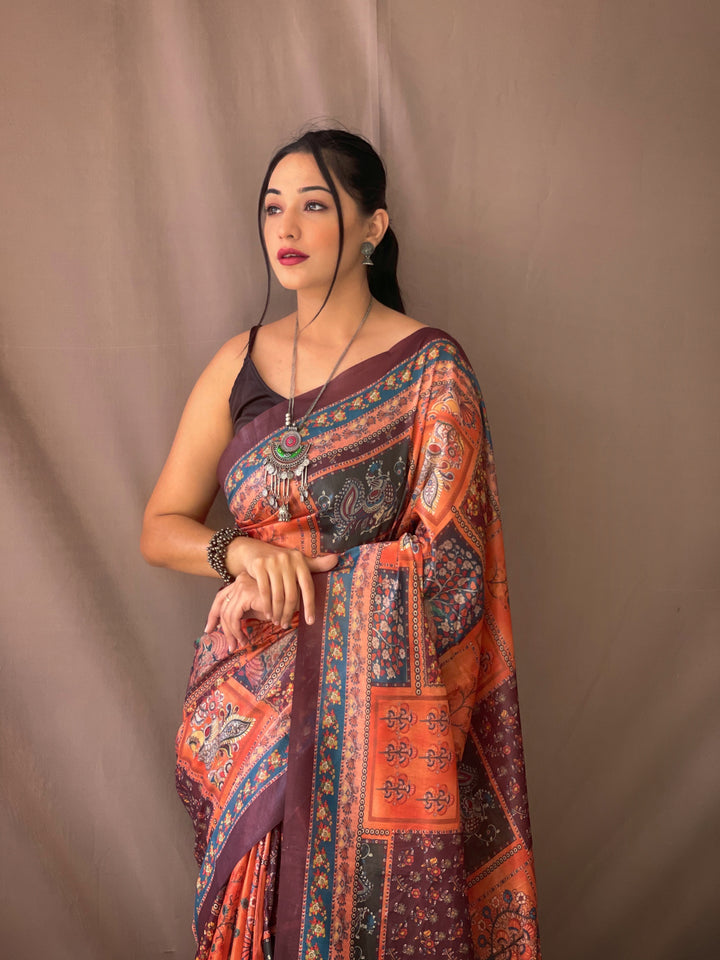 Classy Orange Kalamkari cotton saree - PAHRAVA