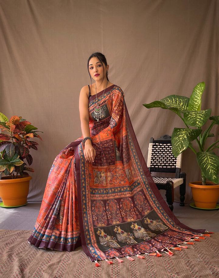 Classy Orange Kalamkari cotton saree - PAHRAVA