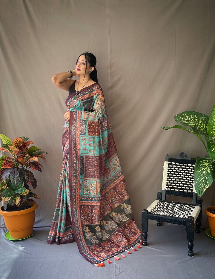 Sky Blue Kalamkari cotton saree - PAHRAVA