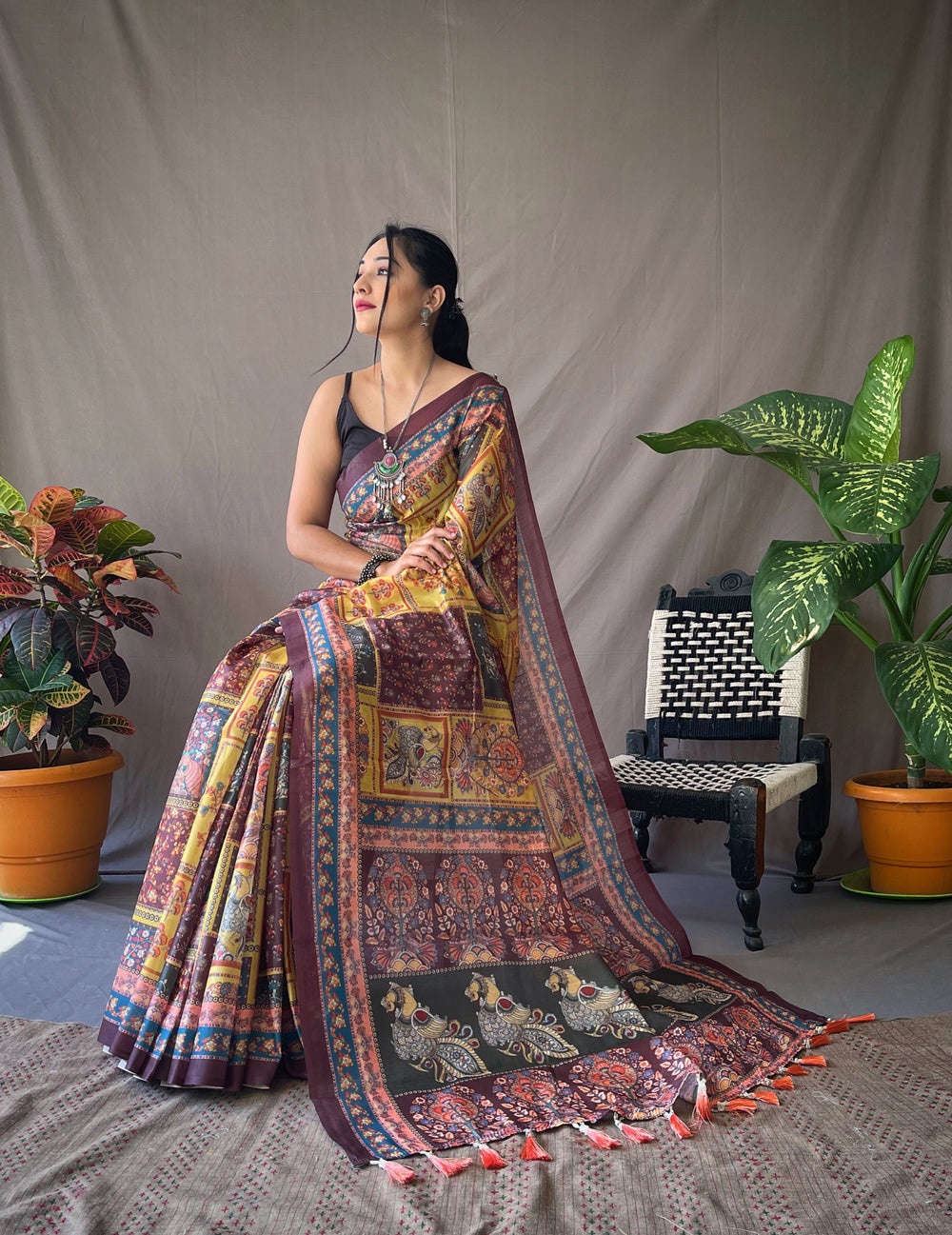 Bright Yellow Kalamkari cotton saree - PAHRAVA