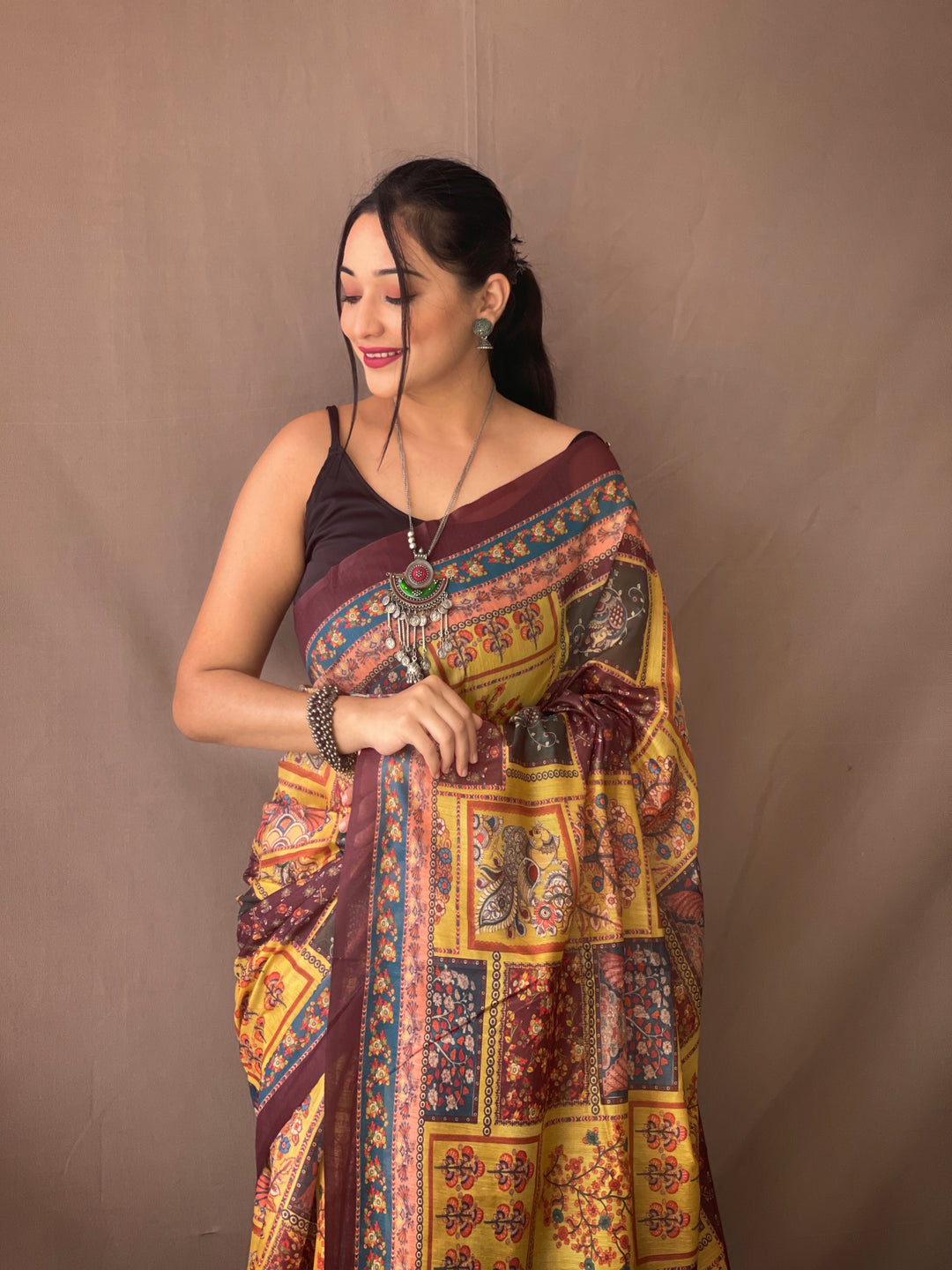 Bright Yellow Kalamkari cotton saree - PAHRAVA