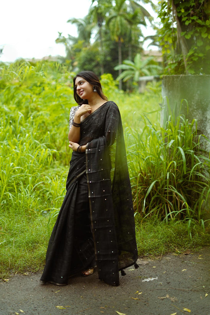 Jet Black Soft Linen Chex With Aari Mirror Work Saree.