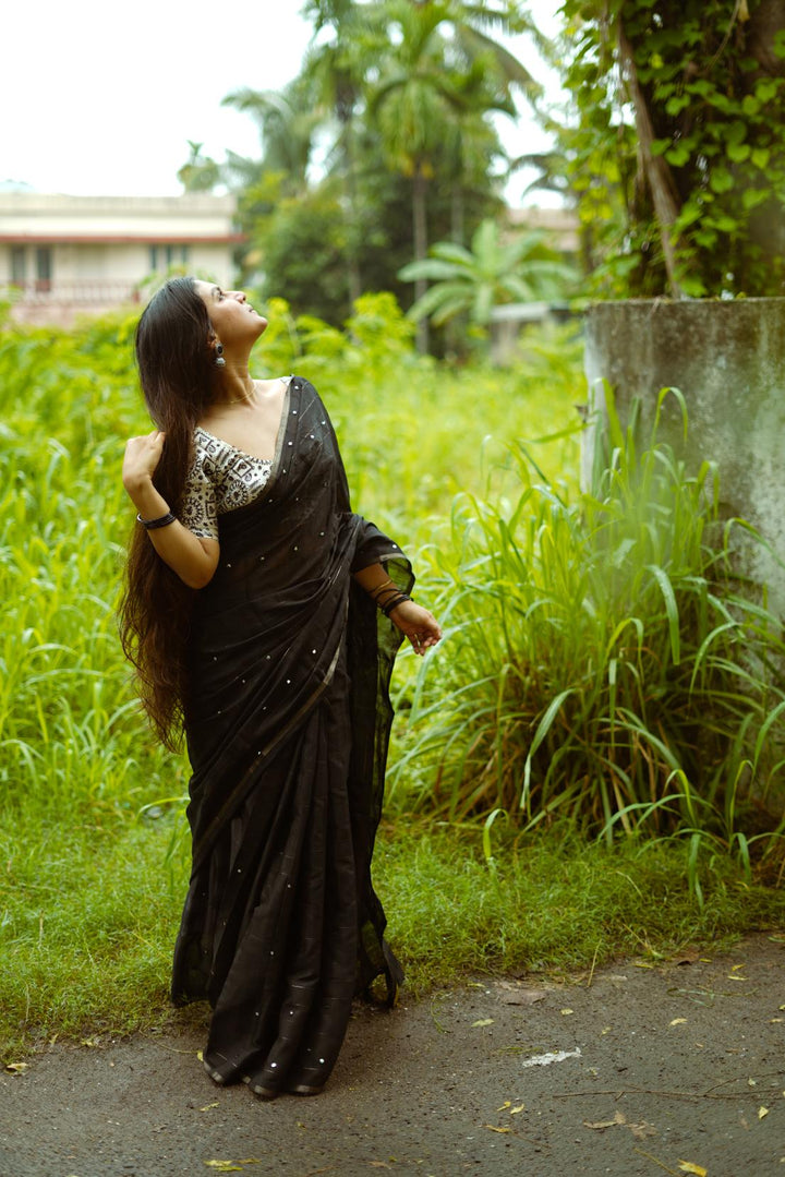 Jet Black Soft Linen Chex With Aari Mirror Work Saree.