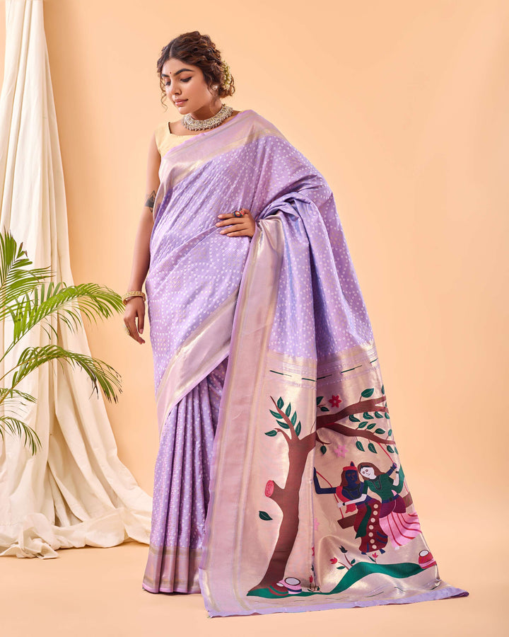 Lilac Lavender Bandhej paithani silk saree - PAHRAVA