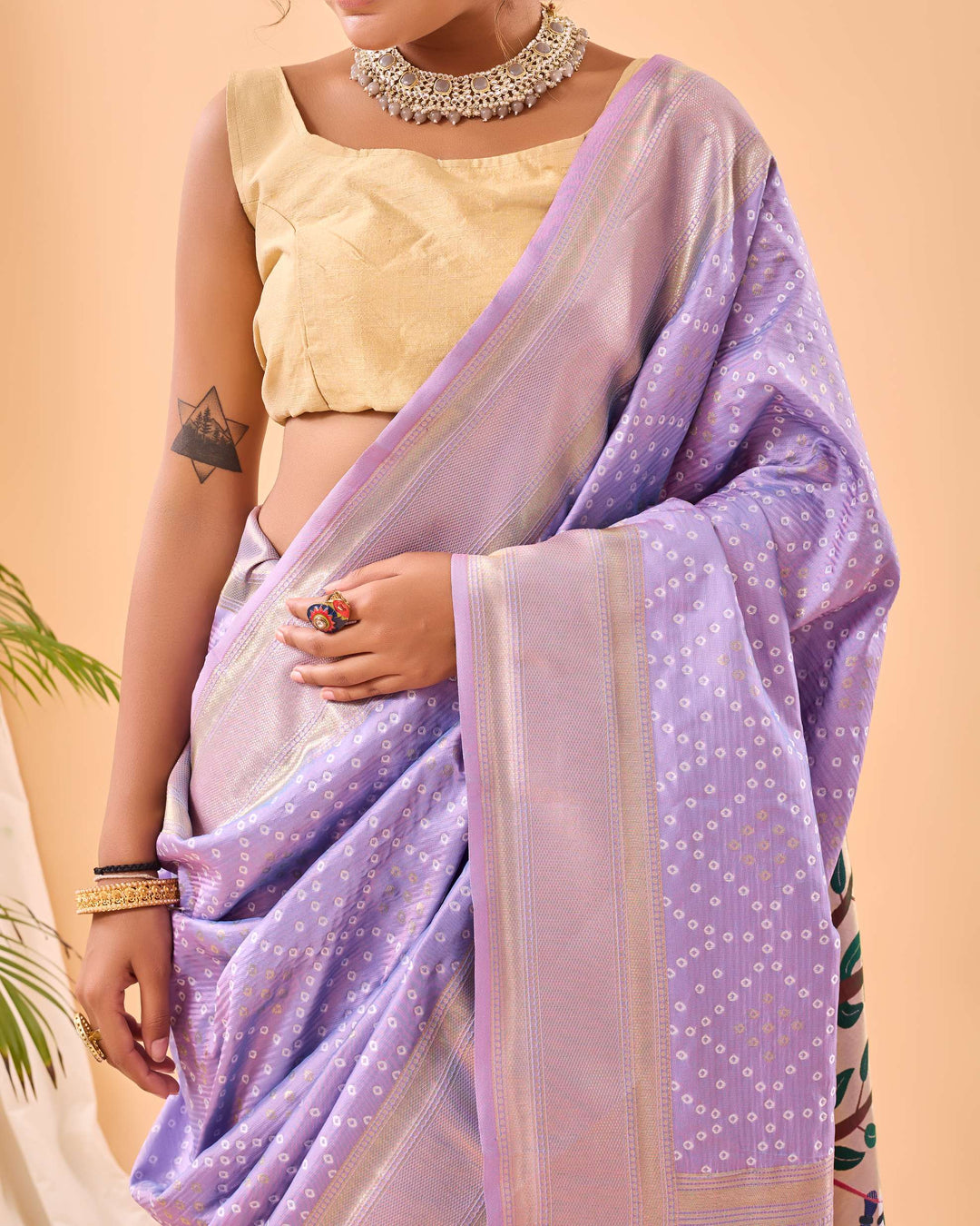 Lilac Lavender Bandhej paithani silk saree - PAHRAVA