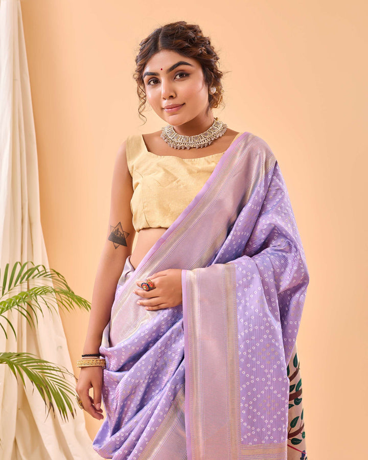 Lilac Lavender Bandhej paithani silk saree - PAHRAVA