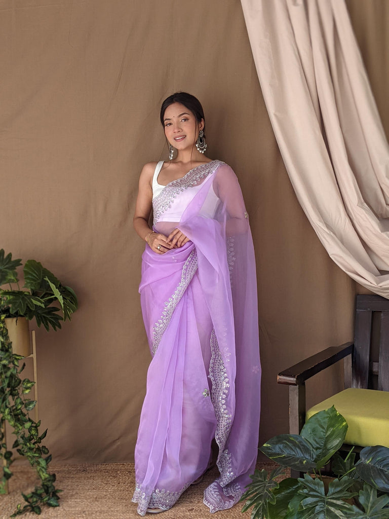 Light Lavender Pure Organza Silk Saree With Cutwork Border With Fully Handwork Sequence Work - PAHRAVA