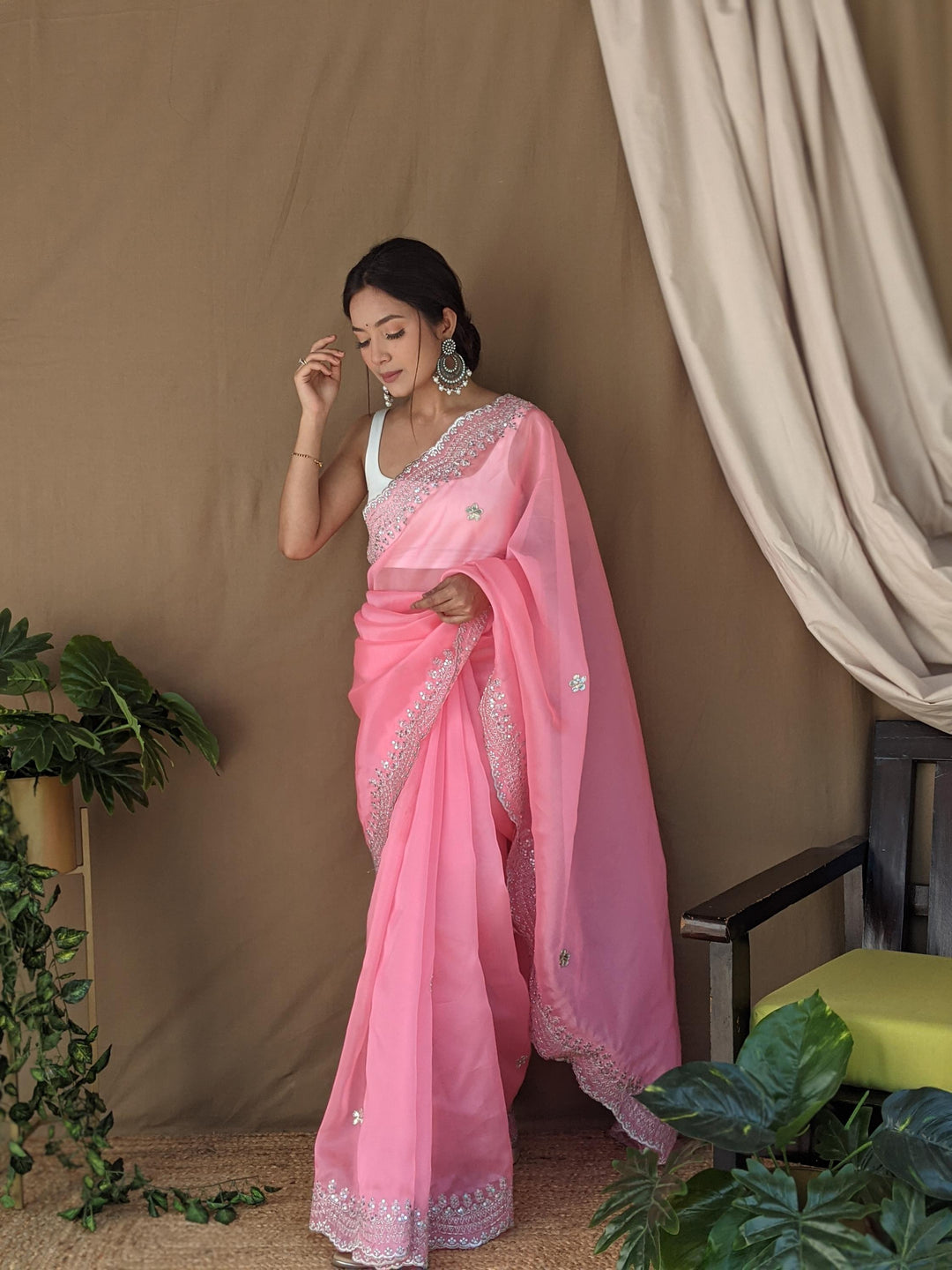 Charm Pink Pure Organza Silk Saree With Cutwork Border With Fully Handwork Sequence Work - PAHRAVA