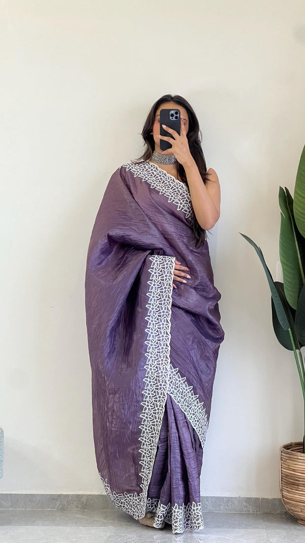 Muted Purple Crushed Silk With Embroidery and Meena Work Saree.