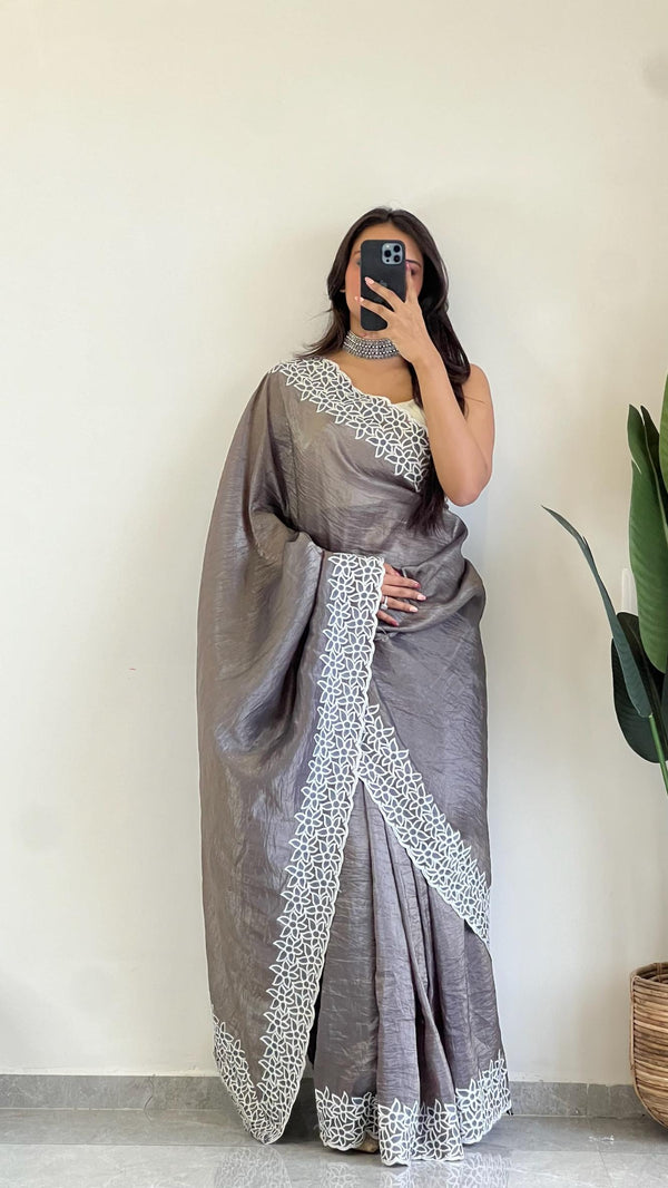 Grey Crushed Silk with Embroidery and Meena Work Saree.