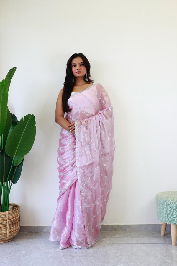 Rose Pink Embroidery and Sequin Silver Work Jimmy Choo Saree.