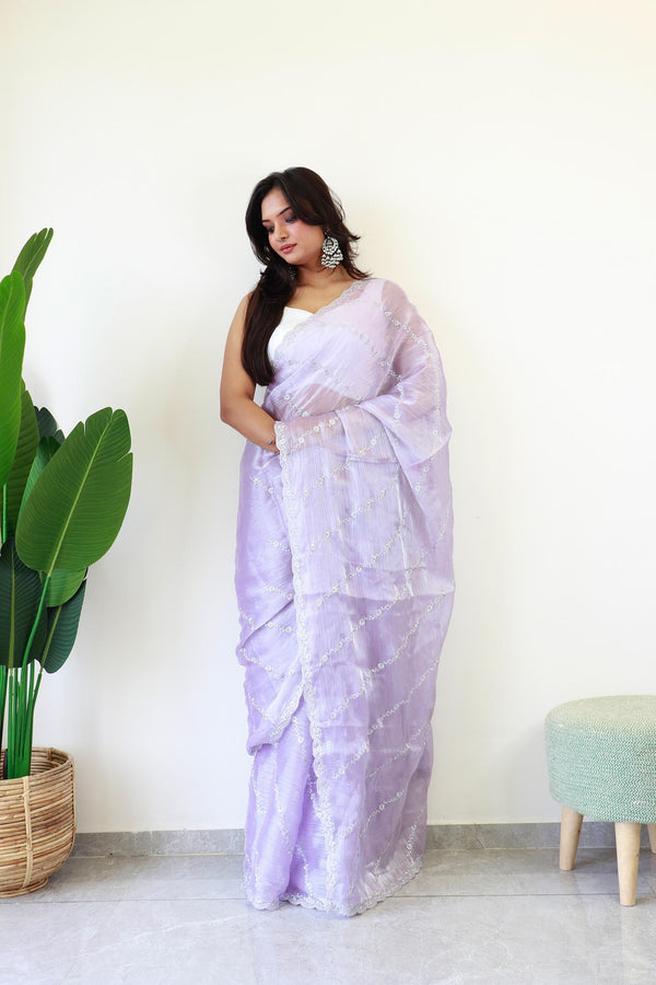 Pastel Purple Embroidery and Sequin Silver Work Jimmy Choo Saree.