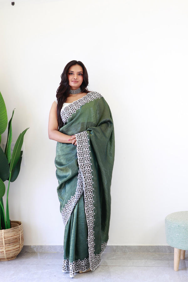 Sage Green Crushed Silk with Embroidery and Meena Work Saree.